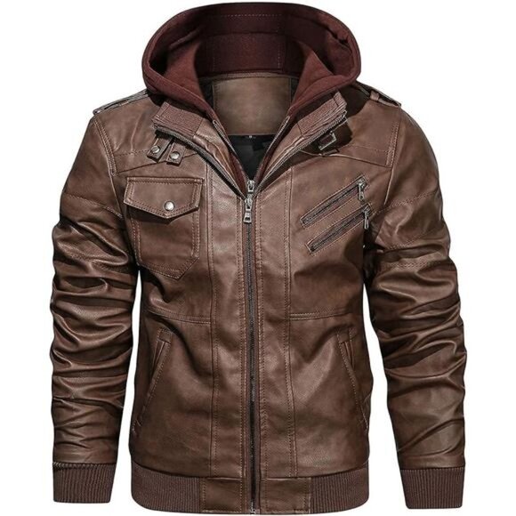 Brown Faux Leather Motorcycle‎ Bomber Jacket Zip Up Hoodie Removable Hood